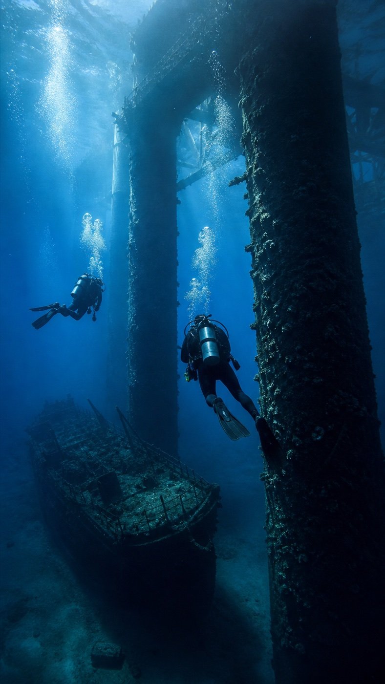 Oil rig columns descending into blue water