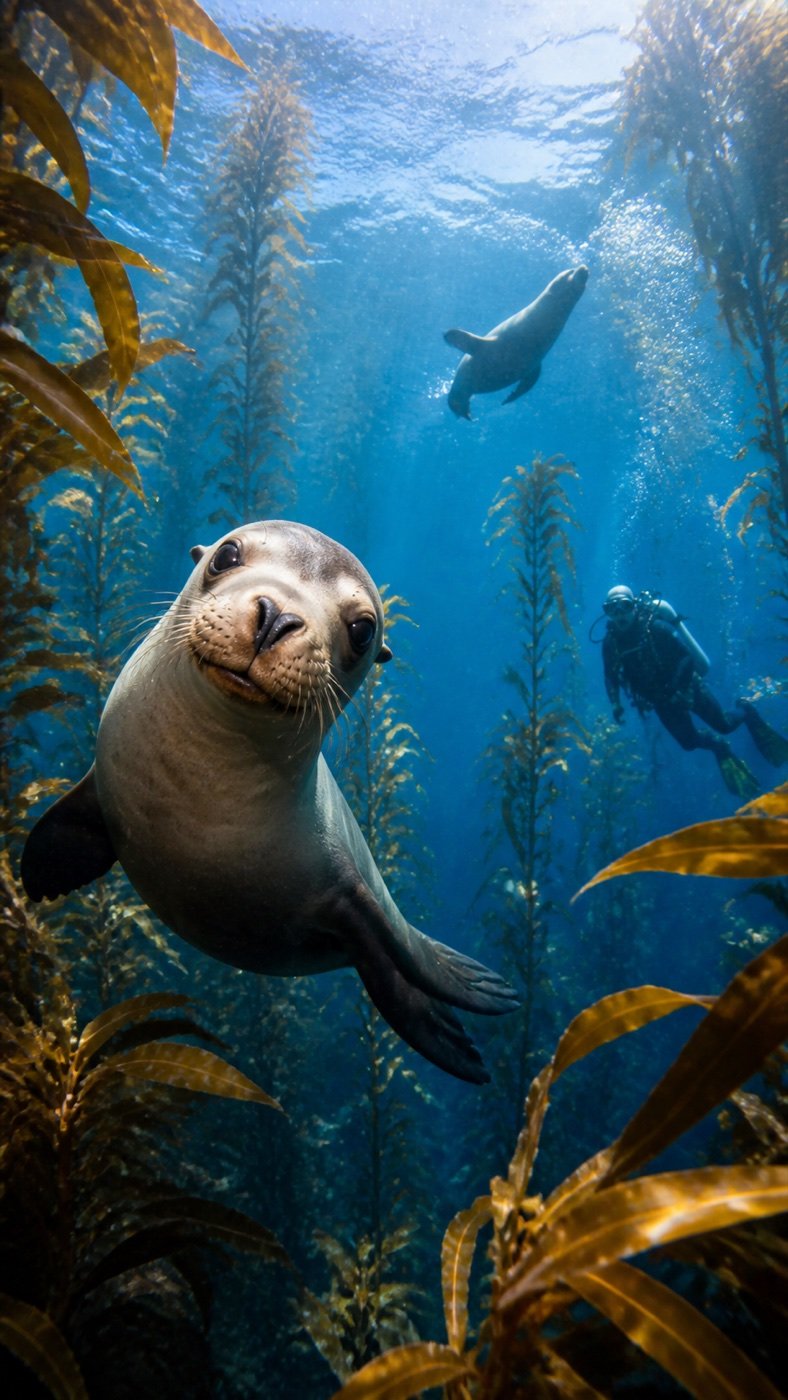 Sea lions moving through a California kelp forest